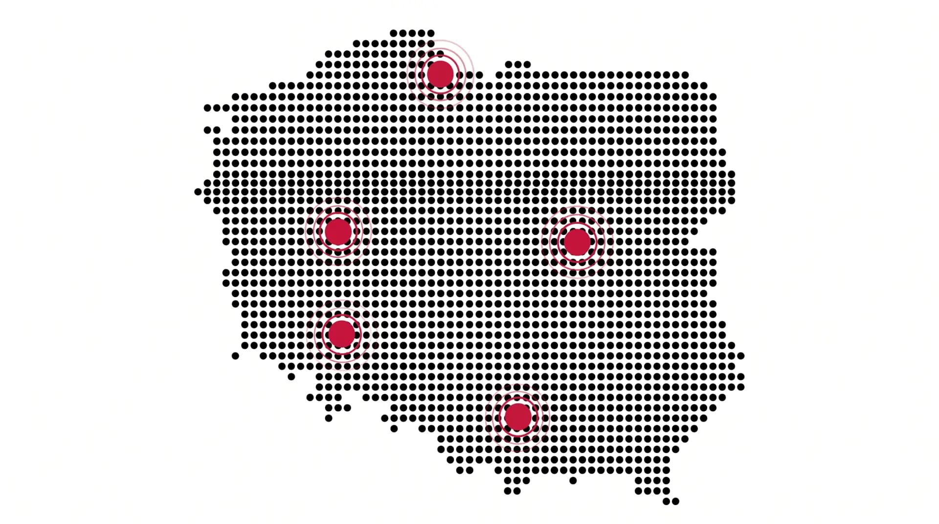 Mobile proxy network in Poland — dot-matrix map with hotspot nodes in Warsaw, Krakow, Gdansk, Wroclaw and Poznan