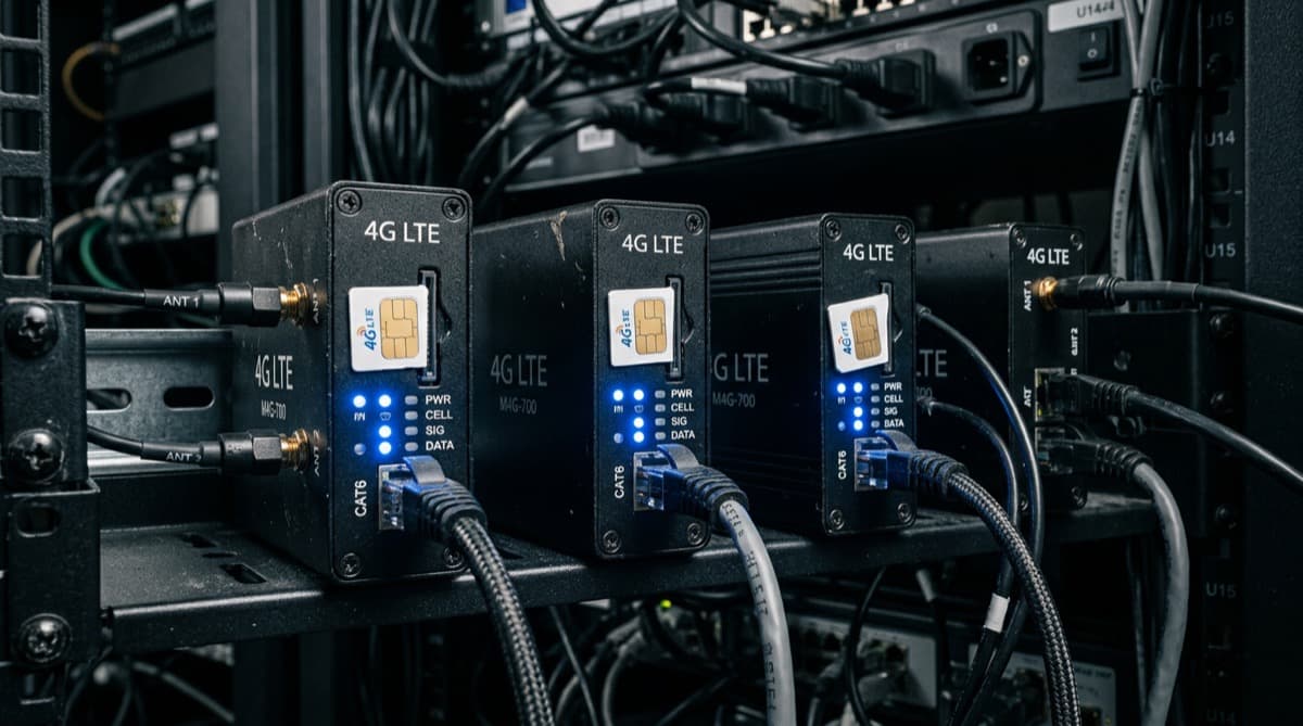 4G LTE modem rack powering betting proxy infrastructure — dedicated hardware with SIM cards and LED indicators